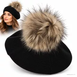 Zimowy Beret Damski Czarny z Dużym Pomponem Naturalny Jenot Elegancki W534D