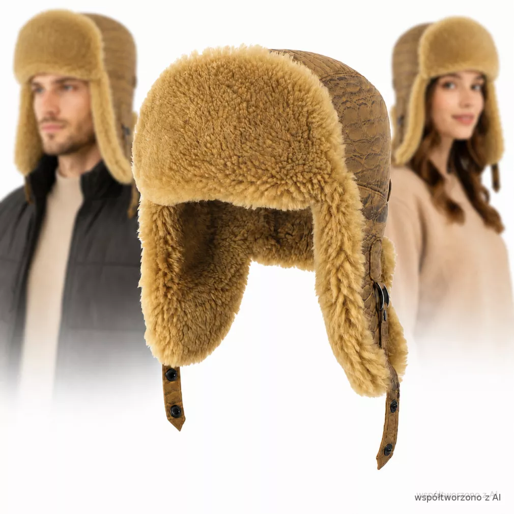 Czapka Zimowa Ocieplana Futerkiem Skórzana Pilotka Uszatka unisex  W532C