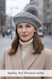 Beret damski szary z naturalnym pomponem – Polar Fashion W503O - 6