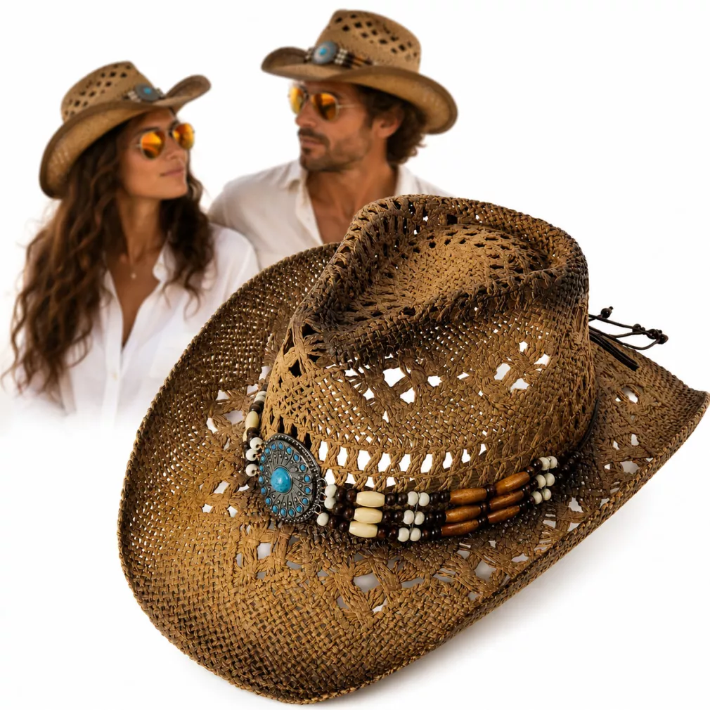 Karmelowy Kapelusz Kowbojski R252B Zestaw BOHO Pilotki Pleciony Unisex Lato