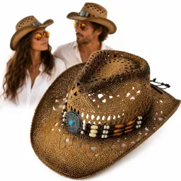 Karmelowy Kapelusz Kowbojski R252B Zestaw BOHO Pilotki Pleciony Unisex Lato