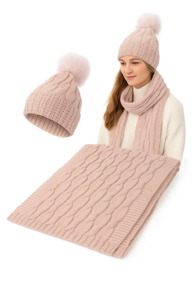 Damski Komplet Zimowy Jasnoróżowy W358BK Polar Fashion Czapka + Szal