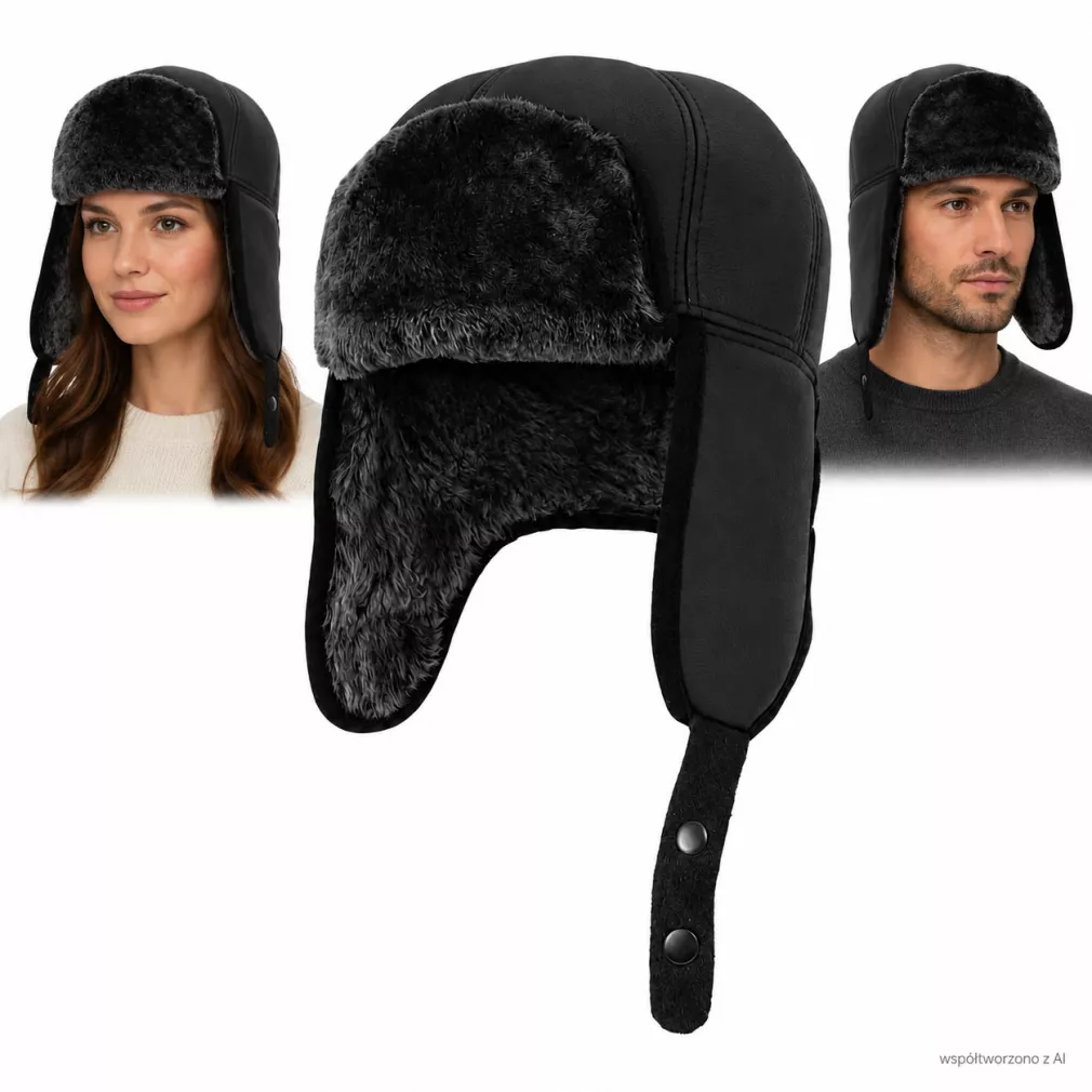 Czapka Zimowa Uszatka Skórzana Czarna Futerko Pilotka Unisex M-XXL W442D