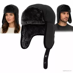 Czapka Zimowa Uszatka Skórzana Czarna Futerko Pilotka Unisex M-XXL W442D