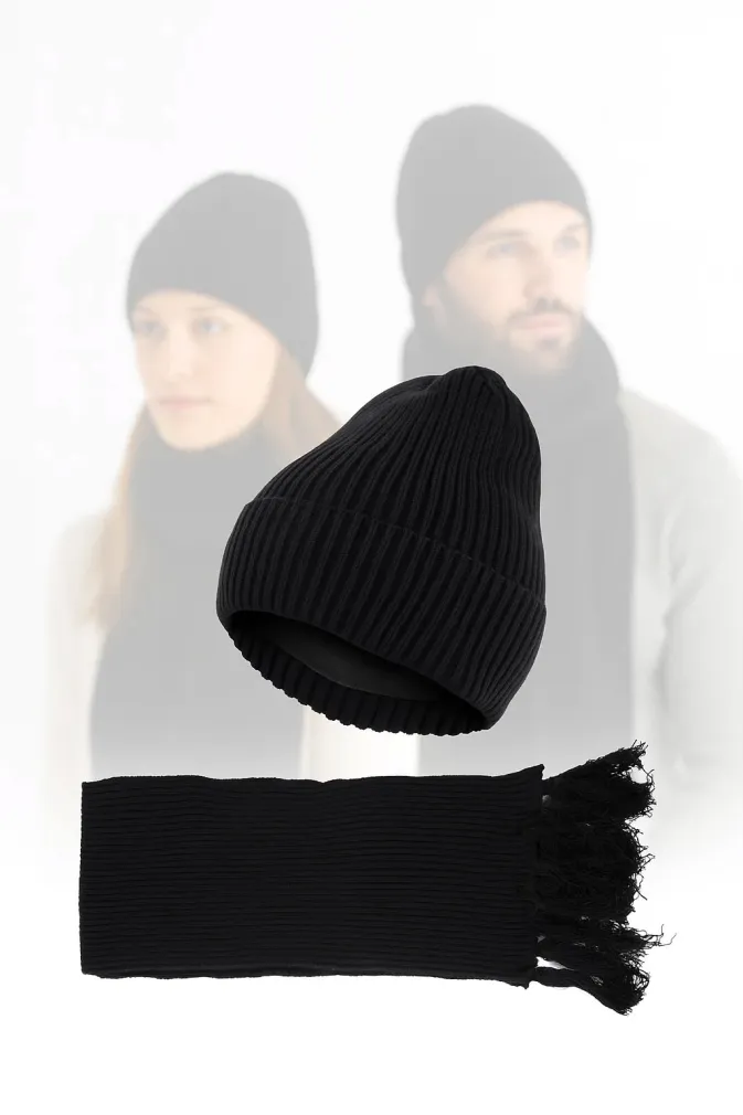Komplet Zimowy Unisex Czarny W460A  Ciepła Czapka i Komin Polar Fashion