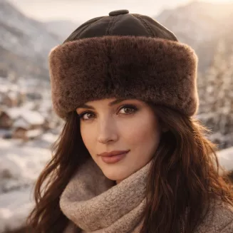 Ciemnobrązowa skórzana czapka zimowa z futrem ciepły toczek unisex W518U - 6