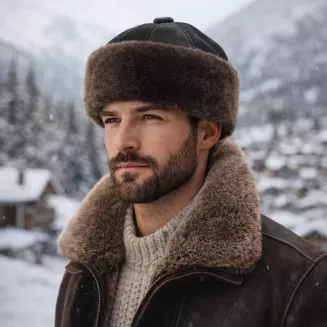 Ciemnobrązowa skórzana czapka zimowa z futrem ciepły toczek unisex W518U - 7