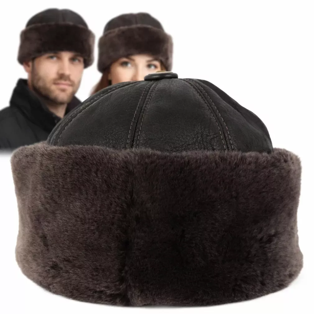 Ciemnobrązowa skórzana czapka zimowa z futrem ciepły toczek unisex W518U
