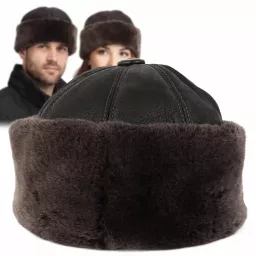 Ciemnobrązowa skórzana czapka zimowa z futrem ciepły toczek unisex W518U
