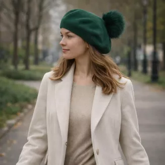 Elegancki zielony beret damski z pomponem jenot W503F Polar Fashion - 5