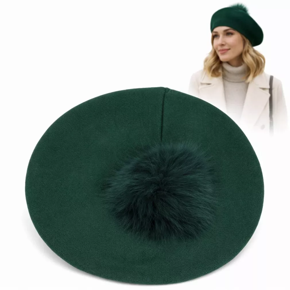 Elegancki zielony beret damski z pomponem jenot W503F Polar Fashion