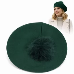Elegancki zielony beret damski z pomponem jenot W503F Polar Fashion