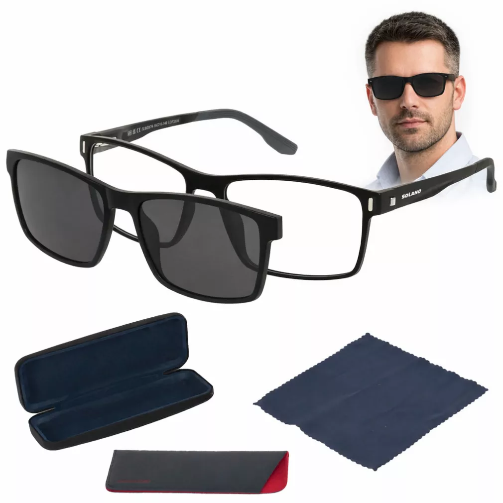 Czarne Męskie okulary korekcyjne  CL90287A z nakładką clip-on polaryzacja