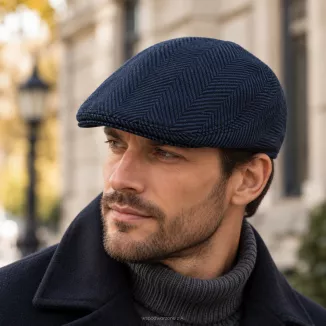 Kaszkiet Męski Granatowo-Czarny Jodełka Ocieplany z Wełną Flat Cap K318G - 2