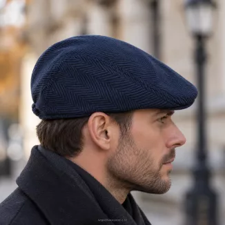 Kaszkiet Męski Granatowo-Czarny Jodełka Ocieplany z Wełną Flat Cap K318G - 3