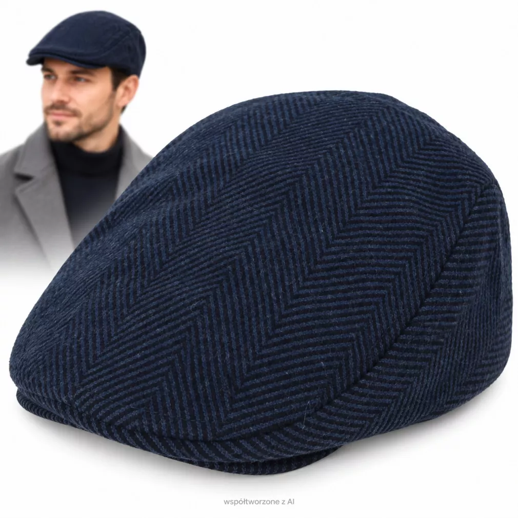 Kaszkiet Męski Granatowo-Czarny Jodełka Ocieplany z Wełną Flat Cap K318G