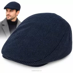 Kaszkiet Męski Granatowo-Czarny Jodełka Ocieplany z Wełną Flat Cap K318G