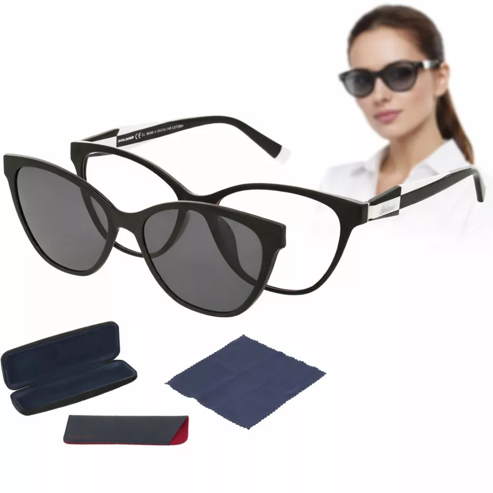 Okulary damskie 2w1 clip-on polaryzacja UV400 czarno-białe Solano CL90308A