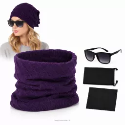 Damski Zimowy Komin Czapka 2w1 Fioletowy Dzianinowy + Okulary H302 UV W327D