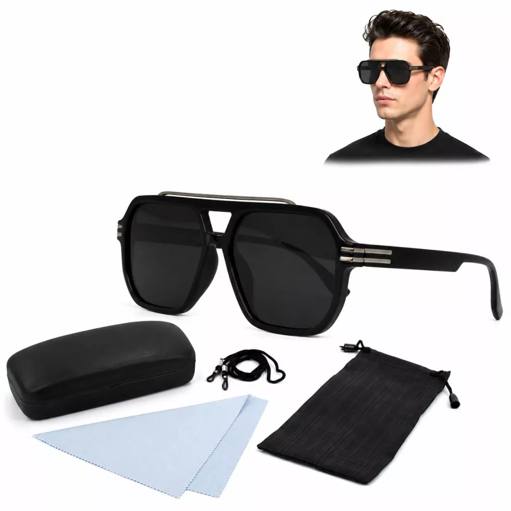 Okulary Polaryzacyjne Męskie UV400 Polar P9002C1Czarne Srebrne Paski Zestaw