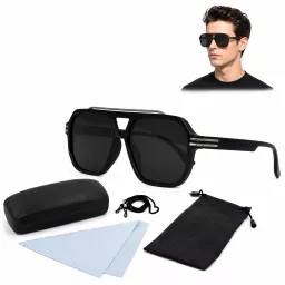 Okulary Polaryzacyjne Męskie UV400 Polar P9002C1Czarne Srebrne Paski Zestaw