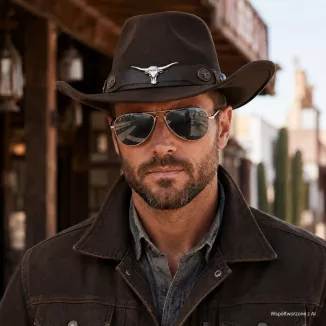 KAPELUSZ KOWBOJSKI CIEMNY BRĄZ WESTERN + OKULARY PILOTKI UNISEX R259G - 3