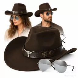 KAPELUSZ KOWBOJSKI CIEMNY BRĄZ WESTERN + OKULARY PILOTKI UNISEX R259G