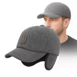 Szara bejsbolówka zimowa K238A męska ocieplana z nausznikami regulacja