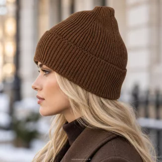 Czapka damska beanie zimowa brązowa 100% wiskoza wywijana  W535D - 4