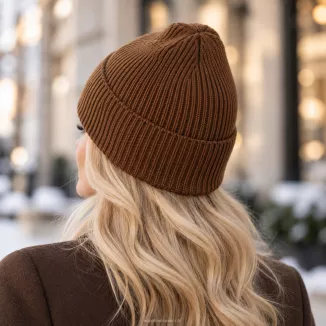 Czapka damska beanie zimowa brązowa 100% wiskoza wywijana  W535D - 5