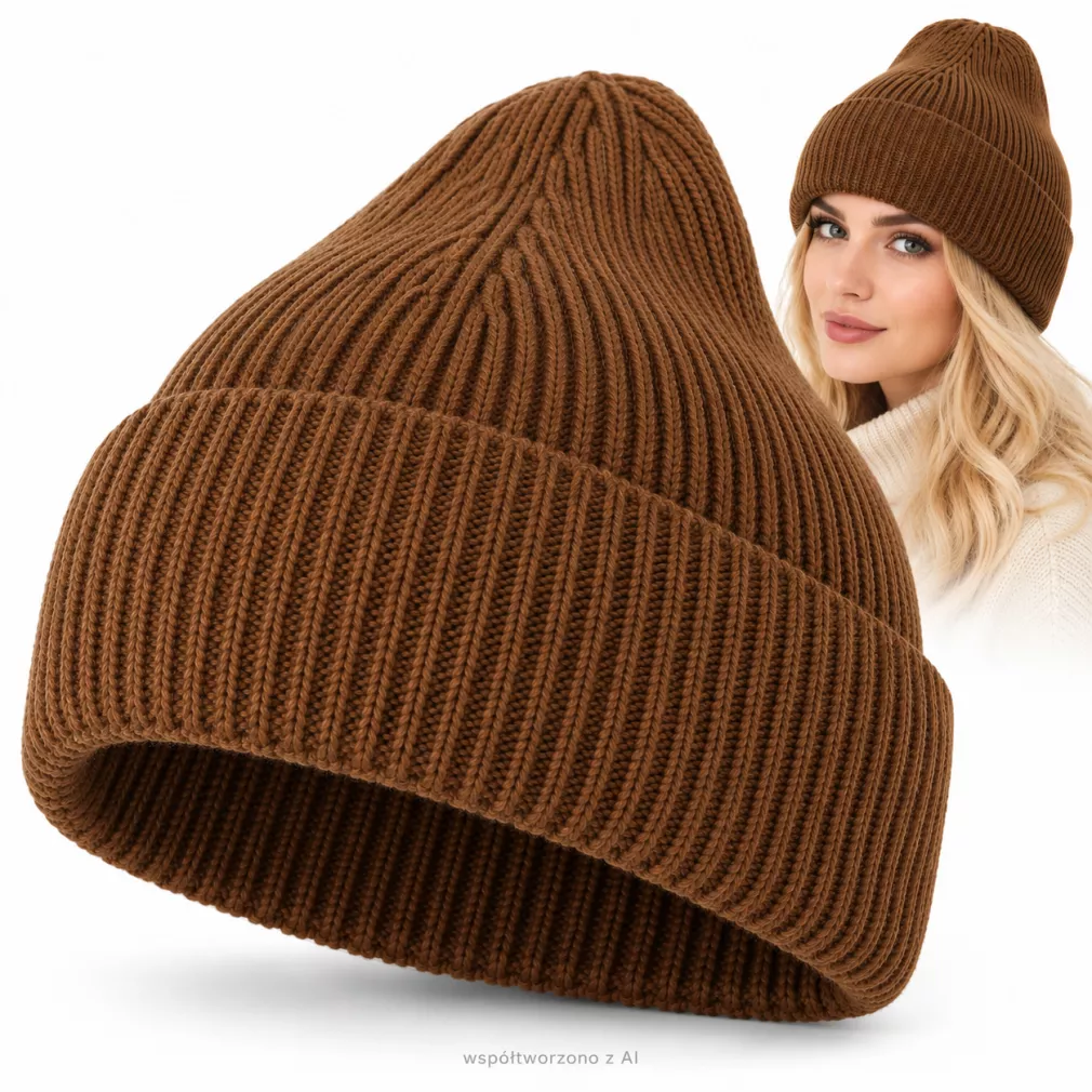 Czapka damska beanie zimowa brązowa 100% wiskoza wywijana  W535D