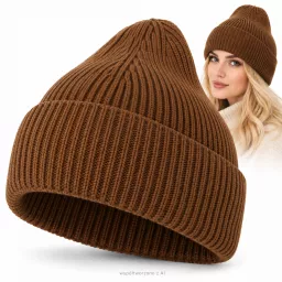 Czapka damska beanie zimowa brązowa 100% wiskoza wywijana  W535D