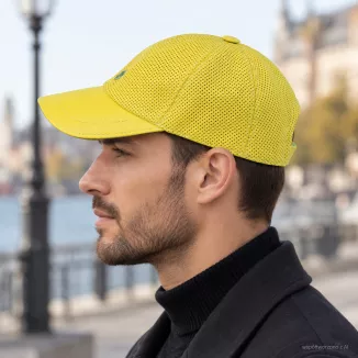 Czapka Bejsbolówka Skórzana Naturalna Żółta Perforowana Damsko Męska K319A - 9