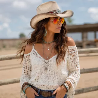 Kapelusz Cowboy Unisex Beżowy Boho Western Festival R253B Okulary Pilotki - 3