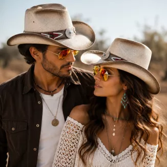 Kapelusz Cowboy Unisex Beżowy Boho Western Festival R253B Okulary Pilotki - 2