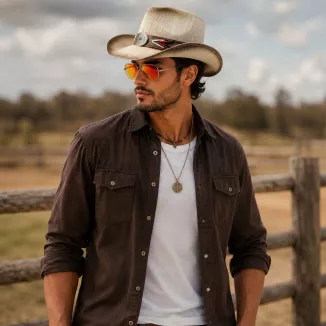 Kapelusz Cowboy Unisex Beżowy Boho Western Festival R253B Okulary Pilotki - 4
