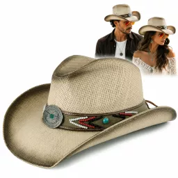 Kapelusz Cowboy Unisex Beżowy Boho Western Festival R253B Okulary Pilotki