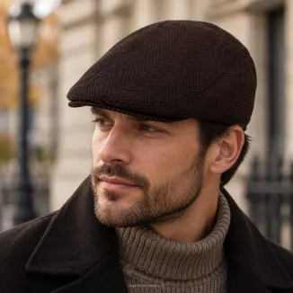 Kaszkiet Męski Brązowo-Czarny Jodełka Ocieplany z Wełną Flat Cap K318E - 2