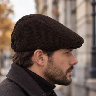 Kaszkiet Męski Brązowo-Czarny Jodełka Ocieplany z Wełną Flat Cap K318E - 3