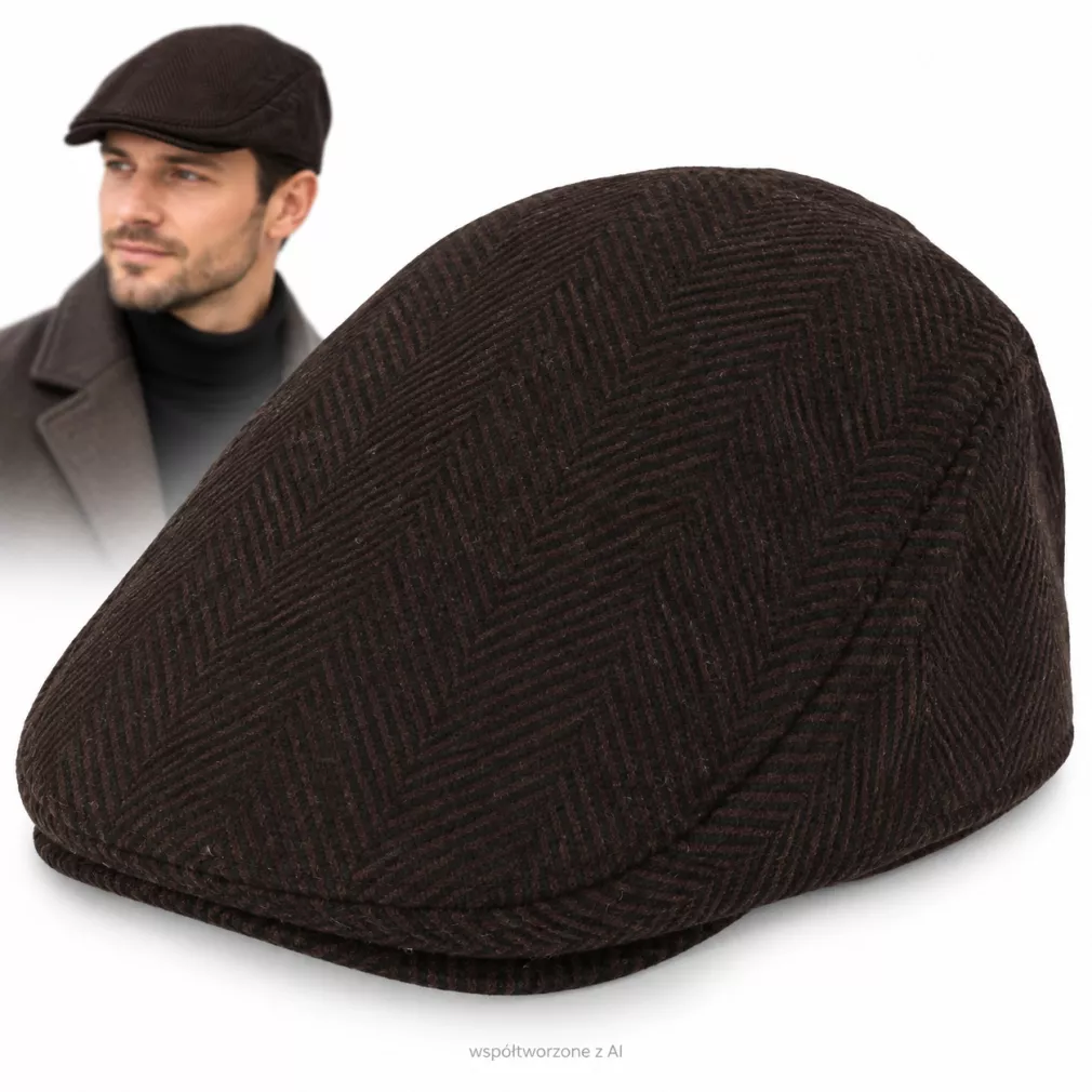 Kaszkiet Męski Brązowo-Czarny Jodełka Ocieplany z Wełną Flat Cap K318E