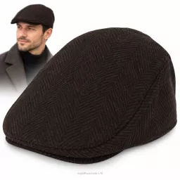 Kaszkiet Męski Brązowo-Czarny Jodełka Ocieplany z Wełną Flat Cap K318E