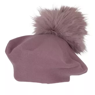 Beret damski pudrowy róż z naturalnym pomponem z jenota Polar Fashion W503R - 3