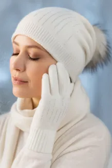 Damski Komplet Zimowy W455A Ecru Czapka Szal Rękawiczki Kaszmir PolarFashion - 8