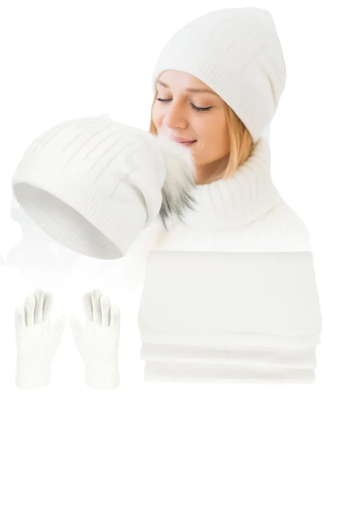 Damski Komplet Zimowy W455A Ecru Czapka Szal Rękawiczki Kaszmir PolarFashion