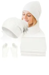 Damski Komplet Zimowy W455A Ecru Czapka Szal Rękawiczki Kaszmir PolarFashion
