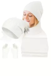 Damski Komplet Zimowy W455A Ecru Czapka Szal Rękawiczki Kaszmir PolarFashion
