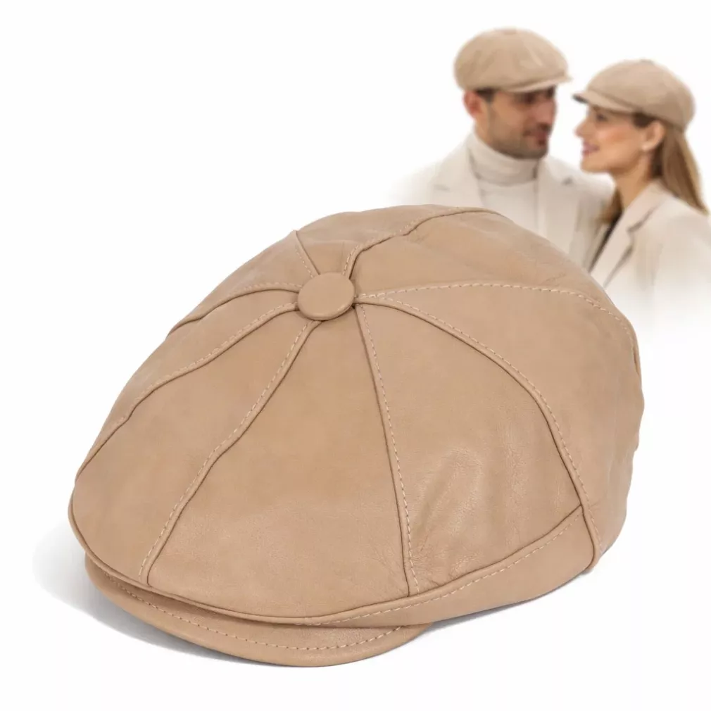 Skórzany kaszkiet Polar Fashion K233D – beż greige, unisex, pikowana podszewka, 57–60 cm