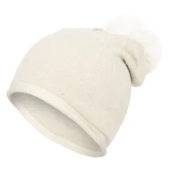 W411B Ecru Shiny Ribbon Polar Fashion Winter Hat Elegant With Cashmere Shiny Pompon With Rabbit