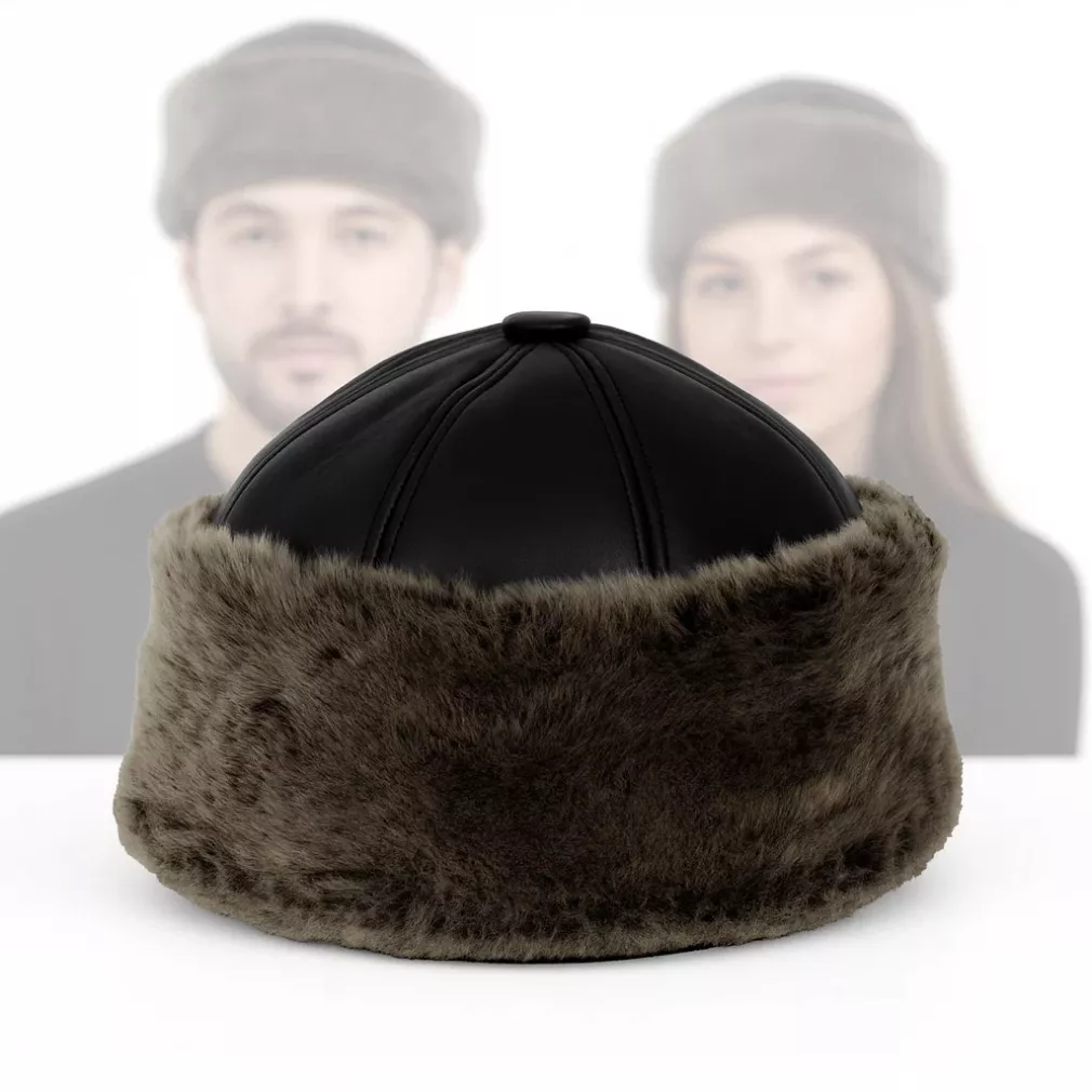 Zimowy toczek ze skóry z futrzanym melanżem taupe Polar Fashion W518i