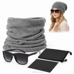 Damski Ciepły Dzianinowy Komin Czapka 2w1 Szary + Okulary Zestaw W327A H302 UV400